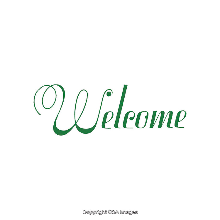 Elegant Green Welcome Script in Minimalist Typeface on White Background