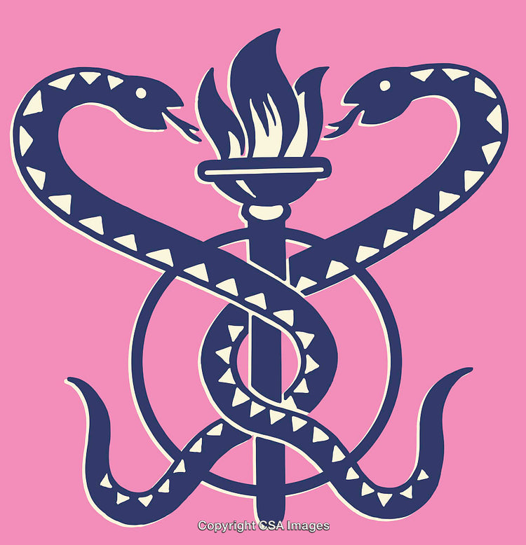 Symbolic Artwork Depicting Torch and Twining Serpents on Pink Background