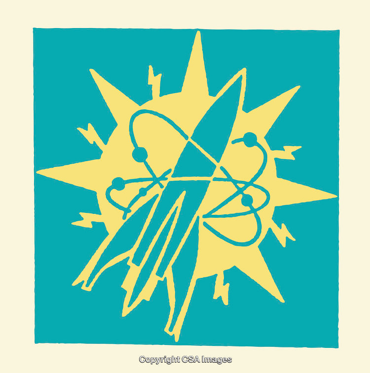 Retro Space-Themed Illustration with Rocket, Atomic Symbol, and Sunburst