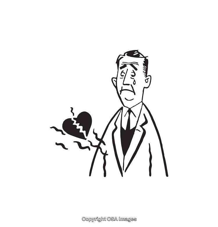 Sad Man Illustrated with Broken Heart in Black and White Line Art