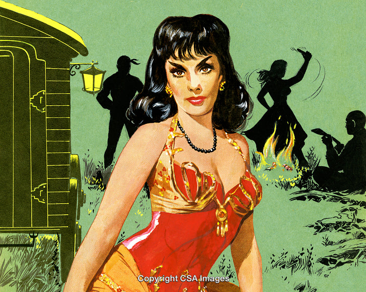 Vintage Illustration of Woman in Vibrant Outfit by Campfire Scene