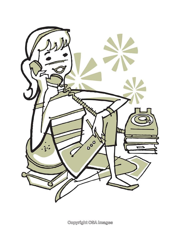 Retro Illustration of a Woman Talking on a Rotary Phone with Books