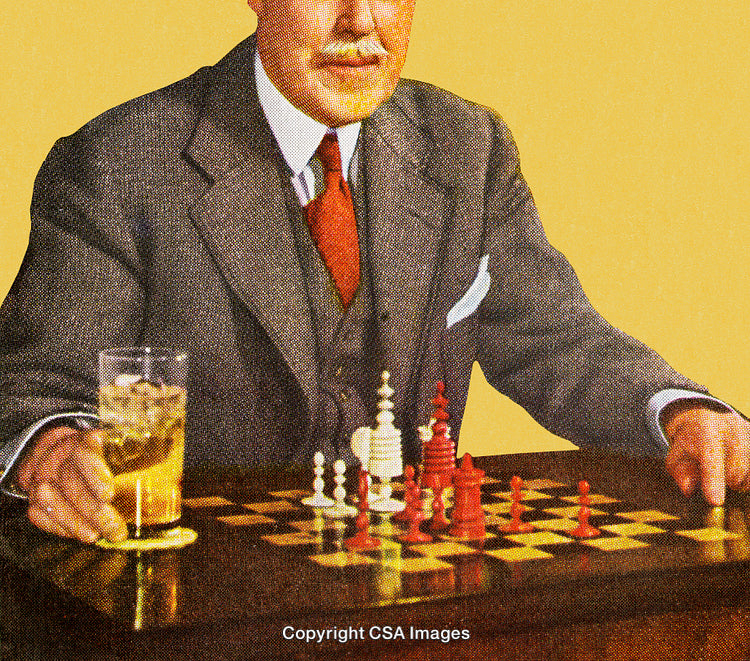 Vintage Styled Gentleman Playing Chess with Drink in Retro Toned Image