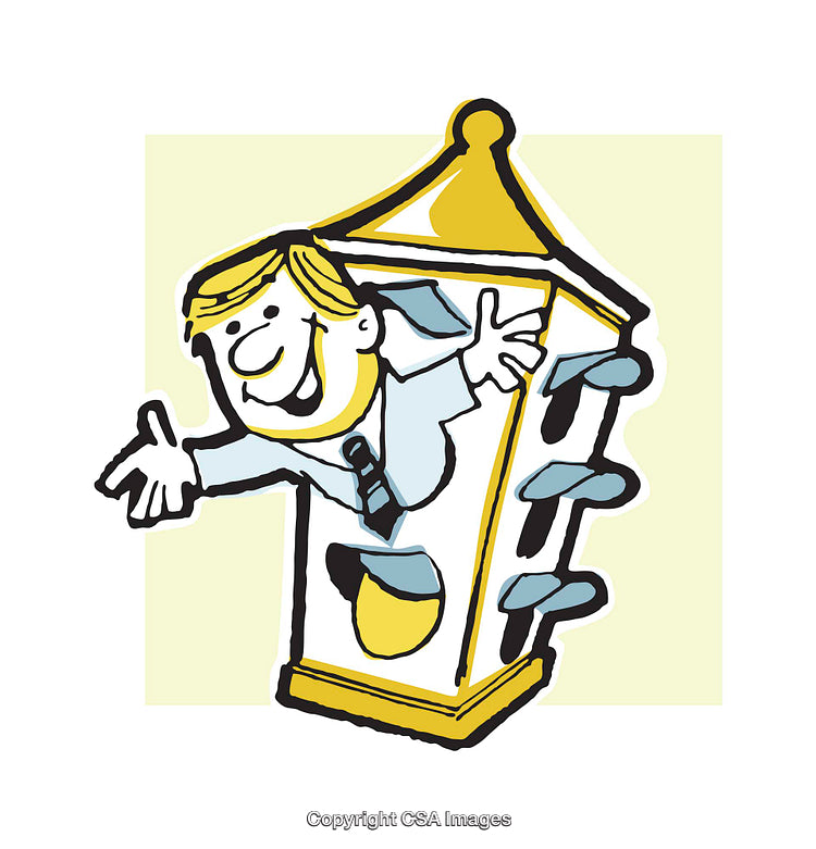 Illustration of a Cartoon Character Emerging from a Clock Structure