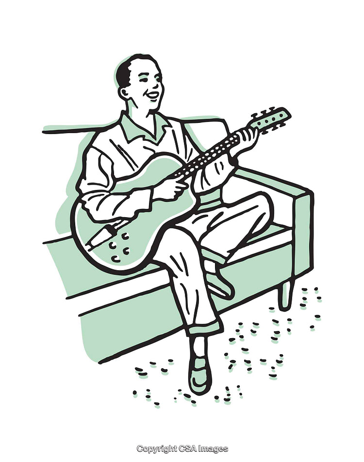 Person Playing Guitar on a Couch in a Stylish Illustration