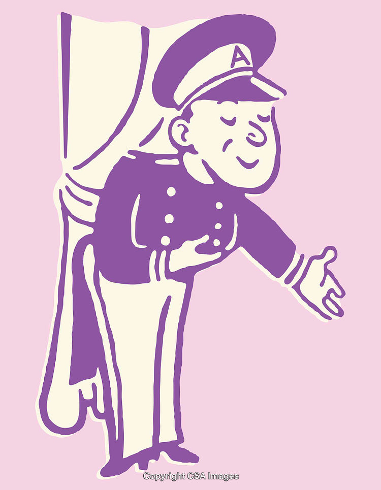 Retro Illustration of a Smiling Doorman Greeting with Open Arms