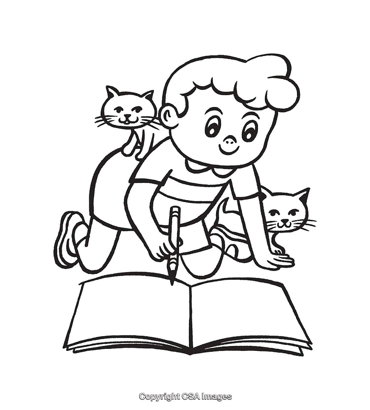 Child Writing in a Book Accompanied by Two Adorable Cats