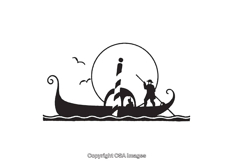 Venetian Gondola with Gondolier at Sunset Line Art Illustration
