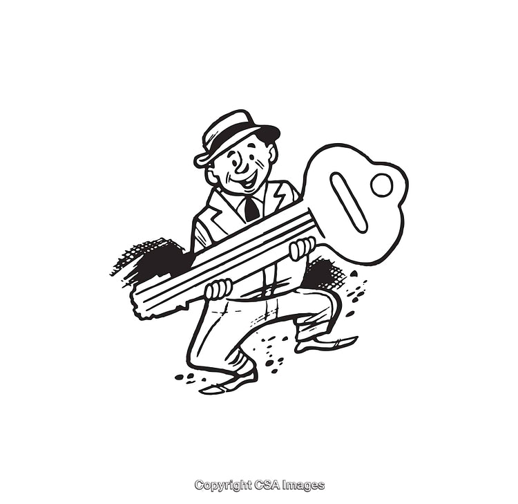Vintage Illustrated Man Carrying a Large Skeleton Key with a Smile