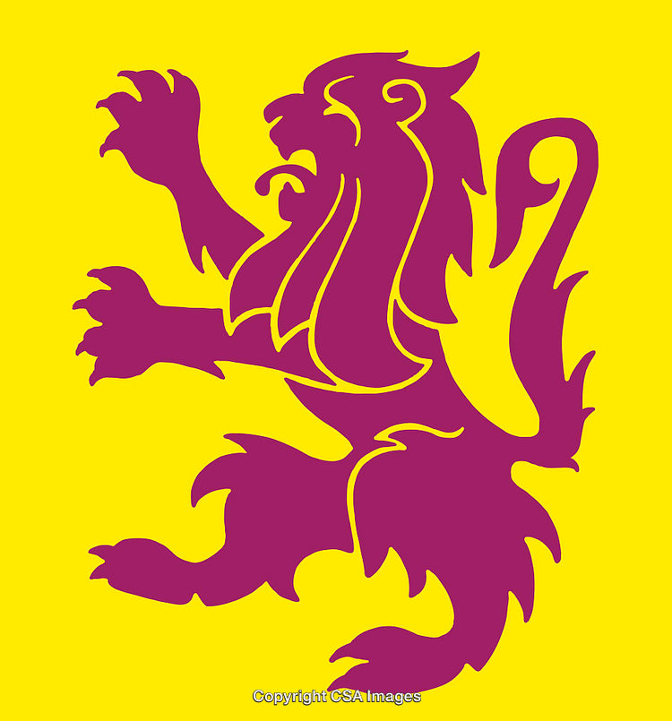 Purple Lion Heraldic Design on Yellow Background in Bold Contrast Illustration