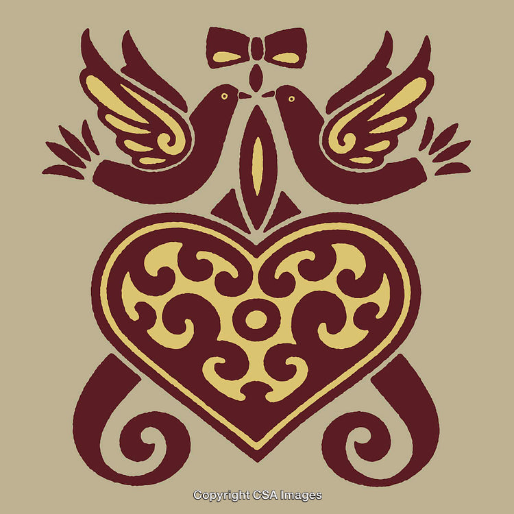 Decorative Line Art Illustration with Two Birds and Heart Shape Motif