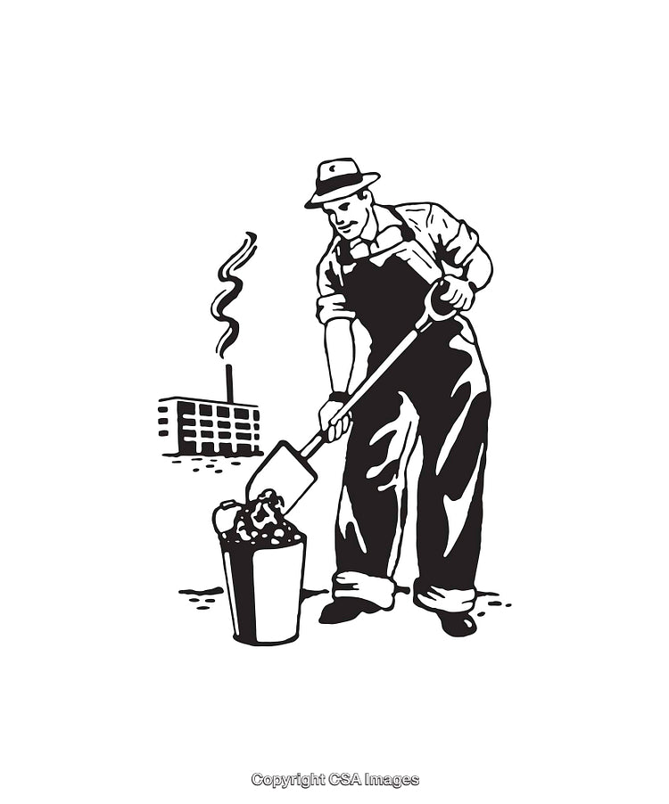 Illustrated Worker Shoveling Material Near Industrial Facility in Line Art