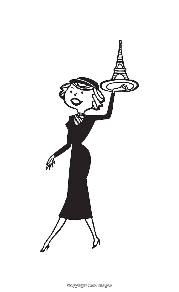 Elegant Woman Holding Eiffel Tower Illustration in Black and White Line Art Style