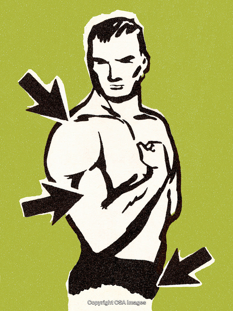 Retro Styled Illustration of Muscular Male Figure with Arrows Highlighting Strength