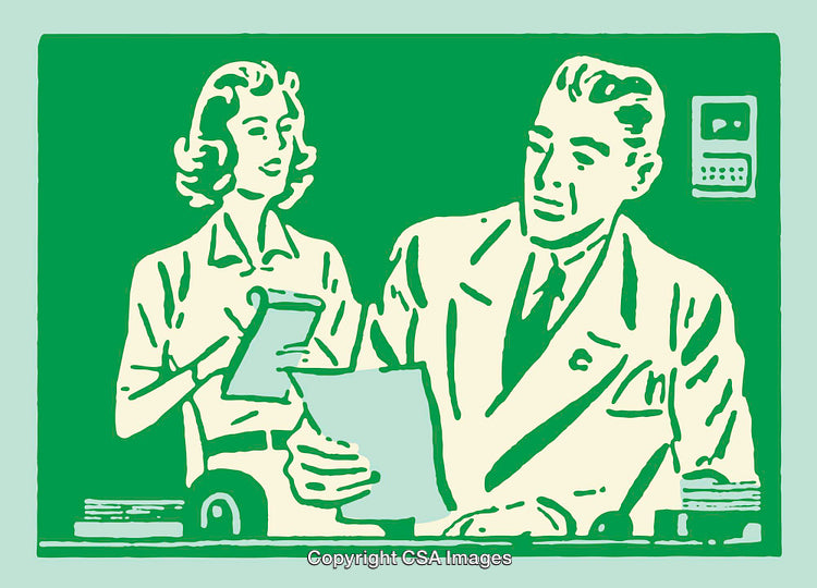 Vintage Green Illustration of Professionals in an Office Setting