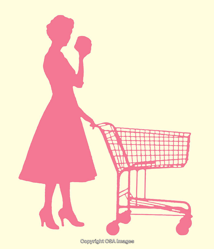 Retro Style Pink Silhouette of Woman Grocery Shopping