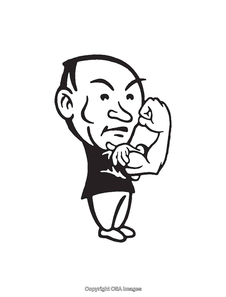 Cartoon Black and White Illustration of a Determined Flexing Figure