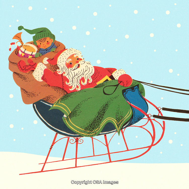 Vintage Illustration of Santa Claus Riding a Sleigh Full of Toys and Cheer