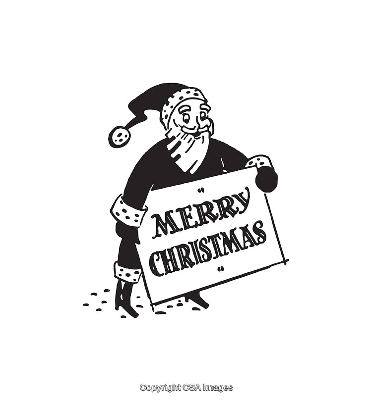 Hand-Drawn Black and White Santa Claus with Merry Christmas Banner