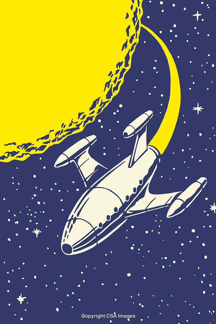 Retro Spaceship Flying Near A Yellow Planet in Starry Outer Space