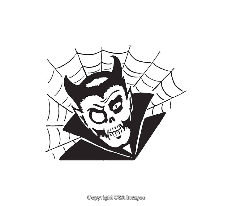 Black and White Illustration of a Demon Head with Spiderweb Background