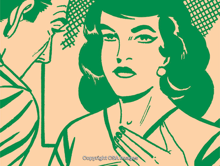 Retro Style Illustration of a Woman and Man in Vibrant Green and Beige