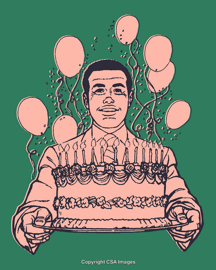 Colorful Line Art of a Birthday Celebration with Balloons and a Cake
