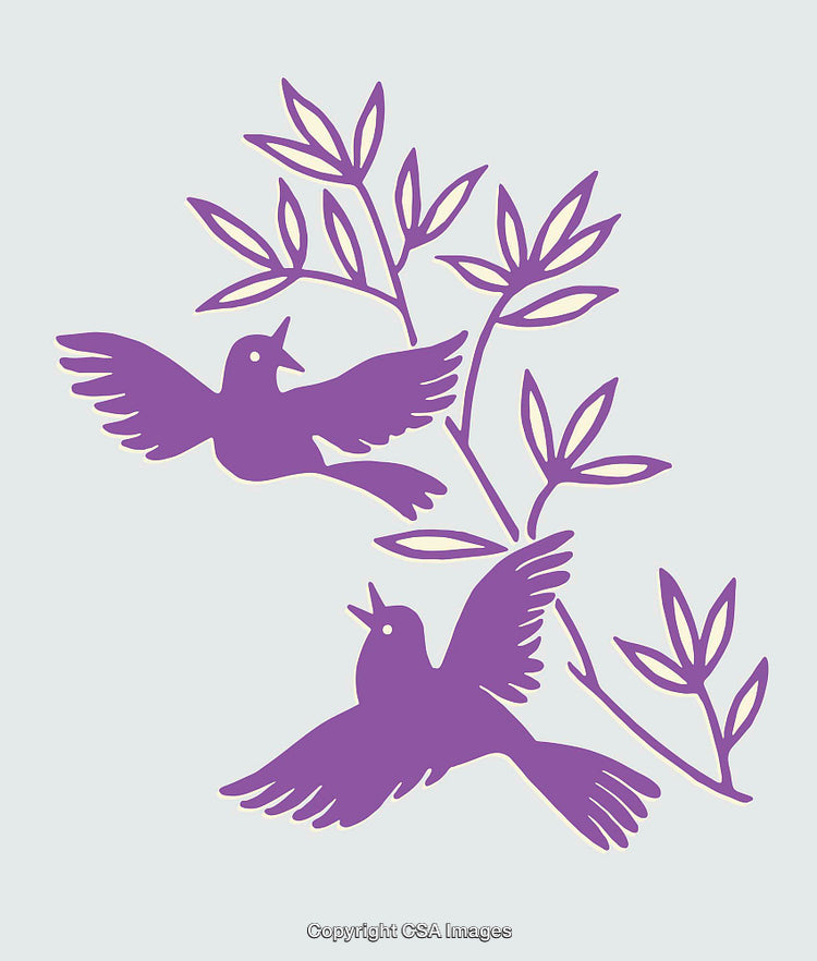 Purple Birds in Artistic Flight with Branch Illustration