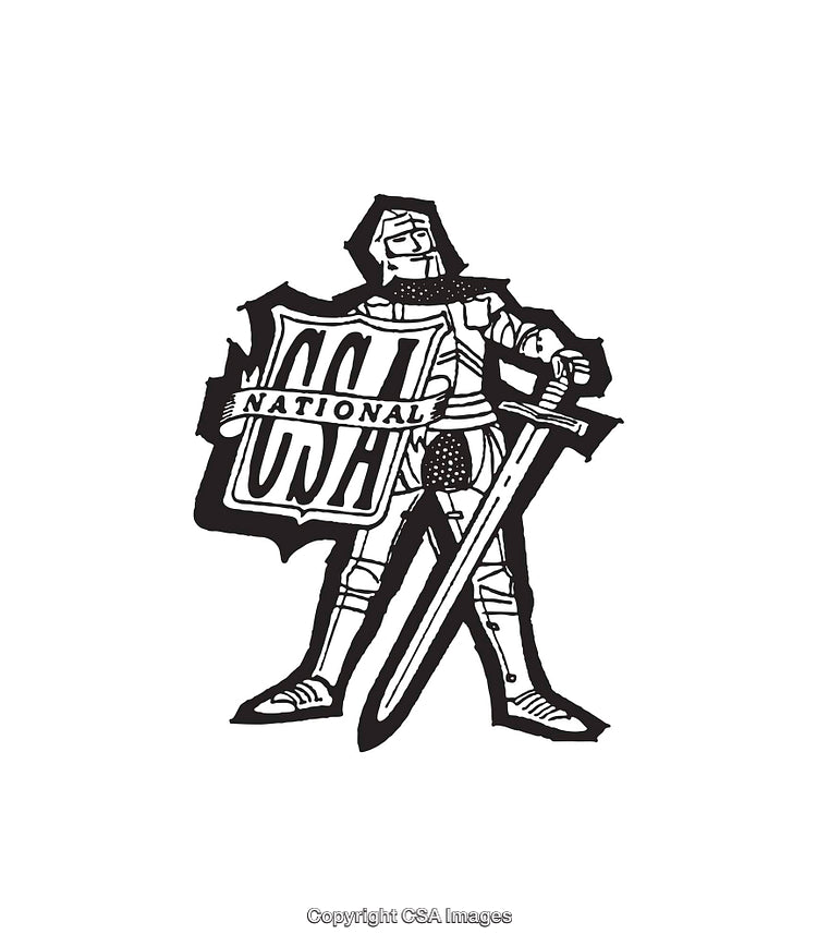 Black and White Knight Illustration with Shield and Sword Emblem