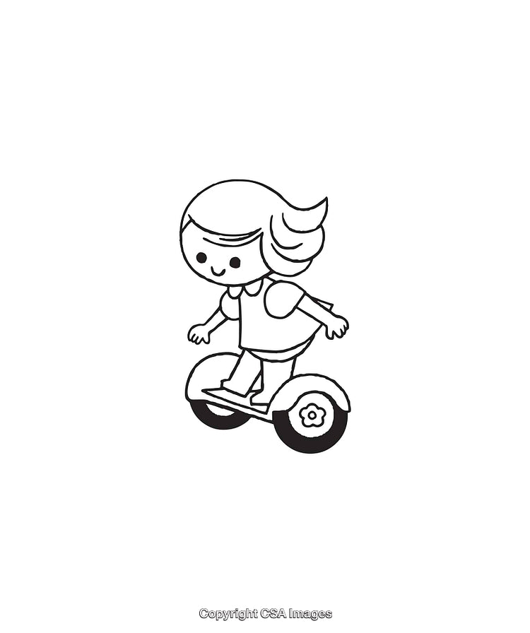 Cartoon Girl Riding a Hoverboard in Fun Black and White Line Art