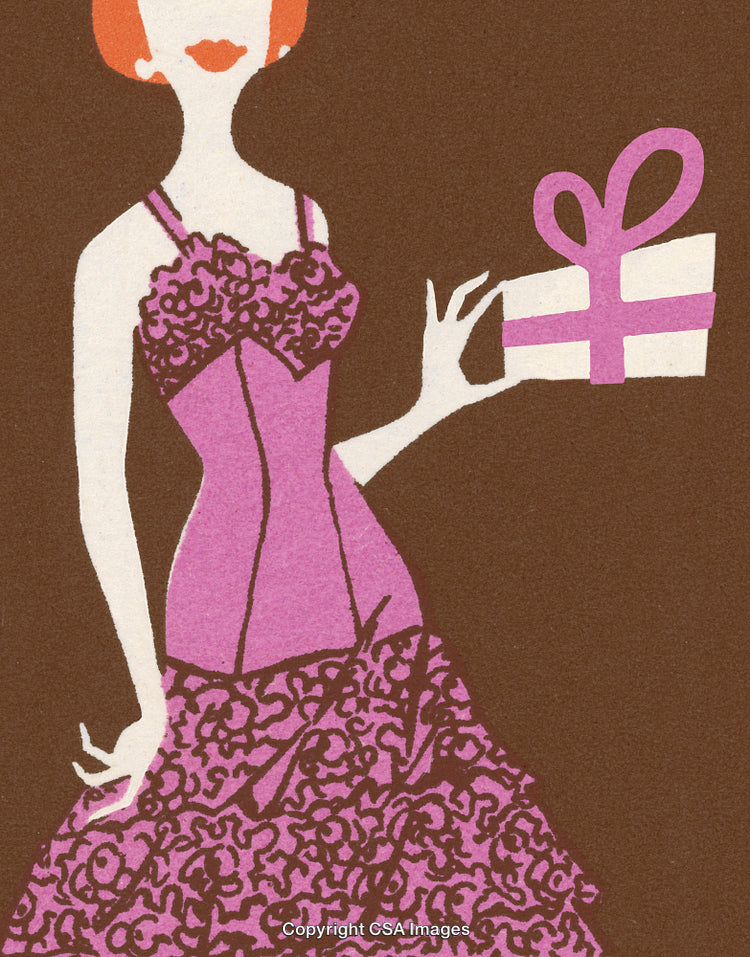 Elegant Fashion Illustration Featuring Woman Holding Gift in Vintage Style Artwork