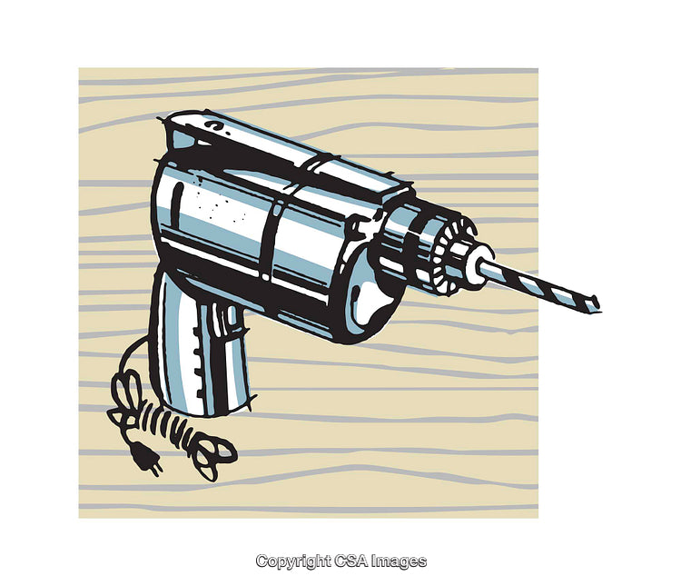 Retro Illustration of a Power Drill with Electric Cord and Wooden Background