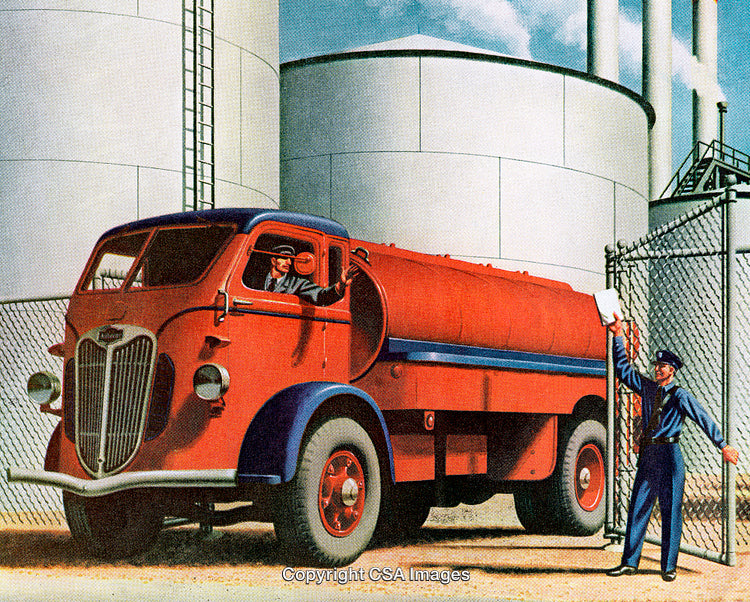 Vintage Illustration of a Fuel Truck With Two Workers Near an Industrial Site