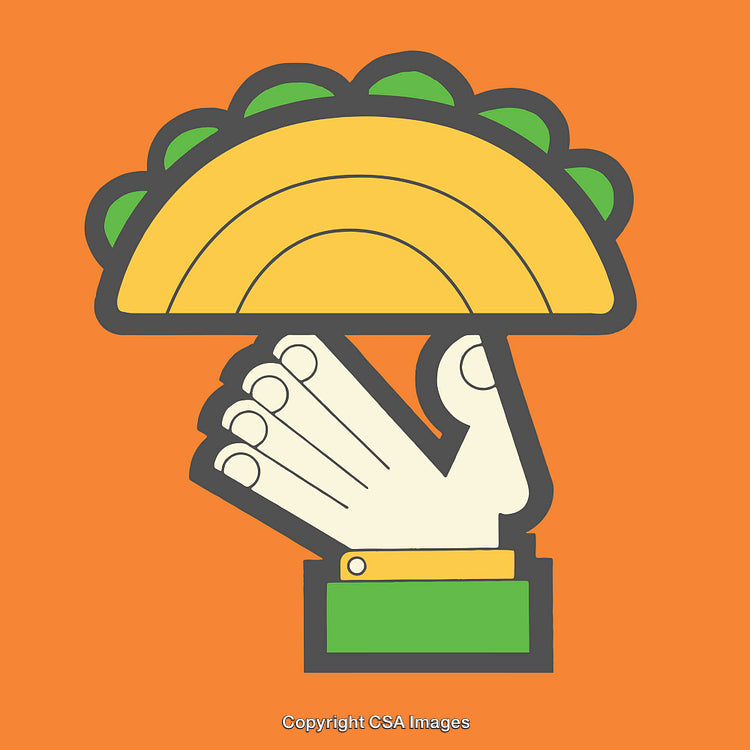 Line Art Illustration of a Taco Held by a Green-Sleeved Hand