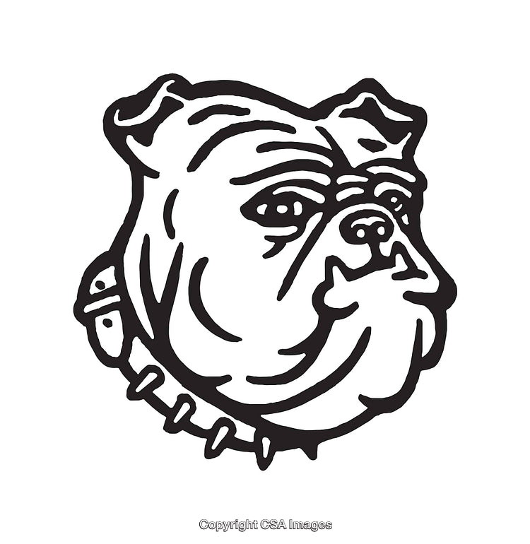 Black and White Line Art Illustration of a Bulldog Head with Collar