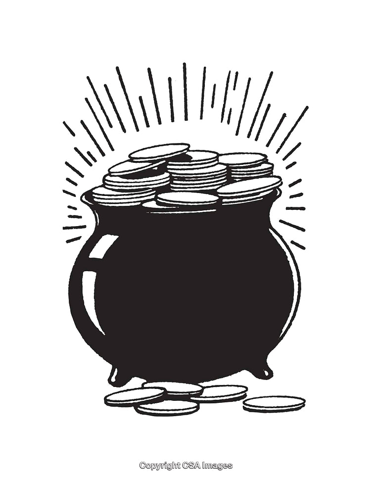 Black-and-White Line Art of a Pot Filled with Coins