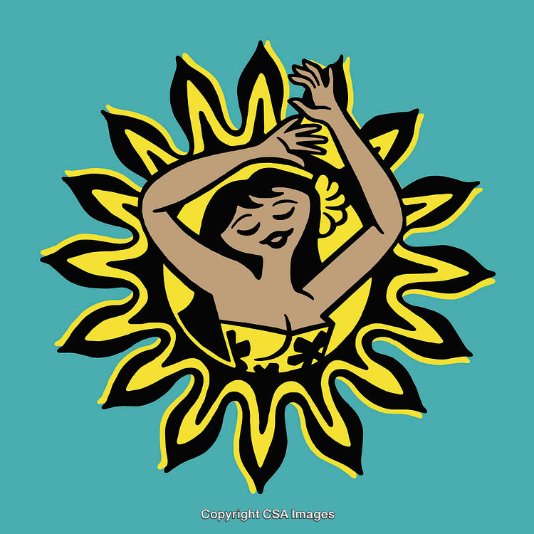 Illustration of a Woman Within a Decorative Yellow Sun Design