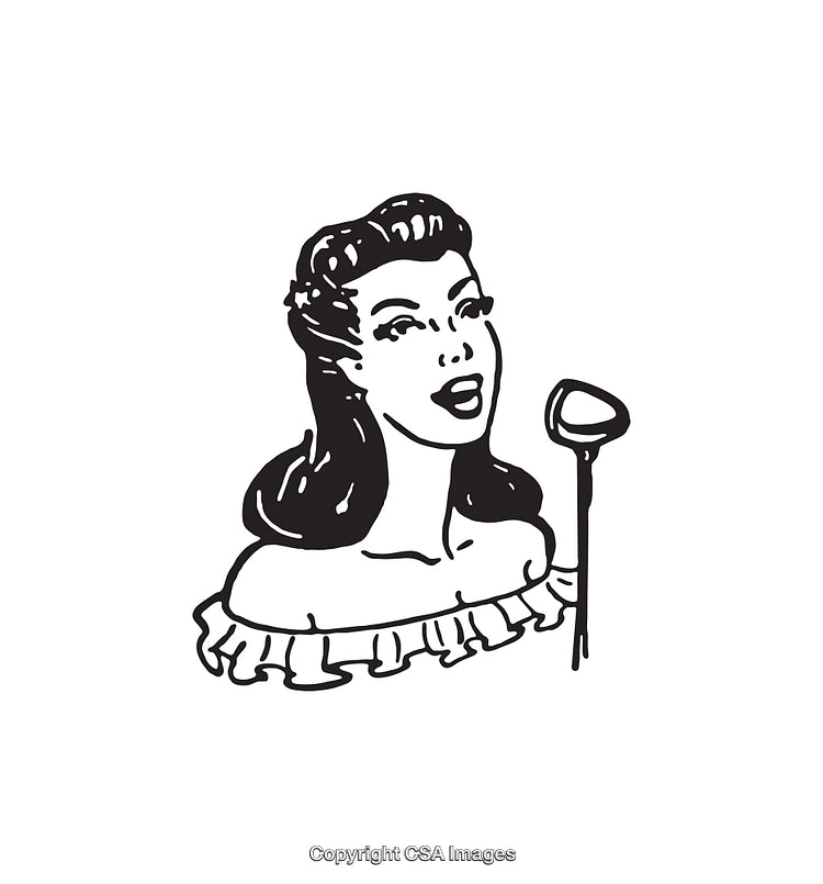 Elegant Vintage Singer Illustration Singing with Retro Microphone in Line Art Style