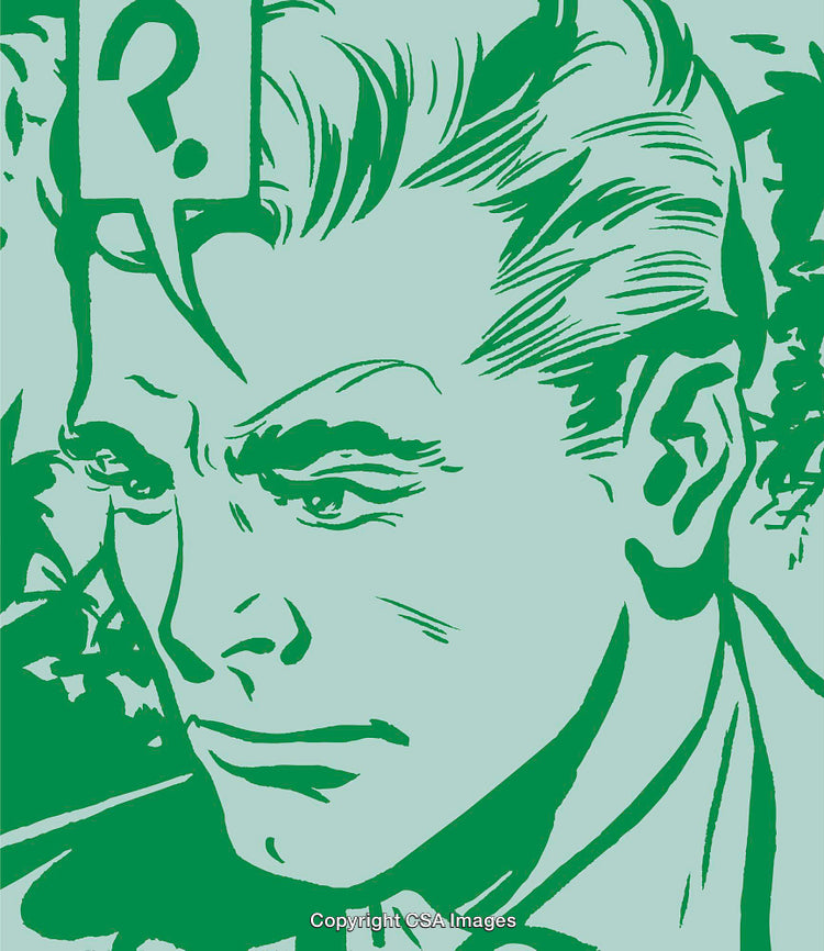 Stylized Portrait of a Thoughtful Man with a Question Speech Bubble