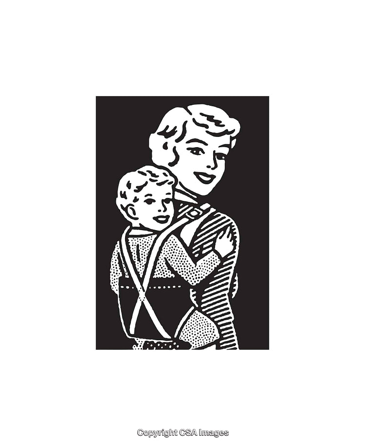 Mother Carrying Her Child in a Vintage Black and White Illustration