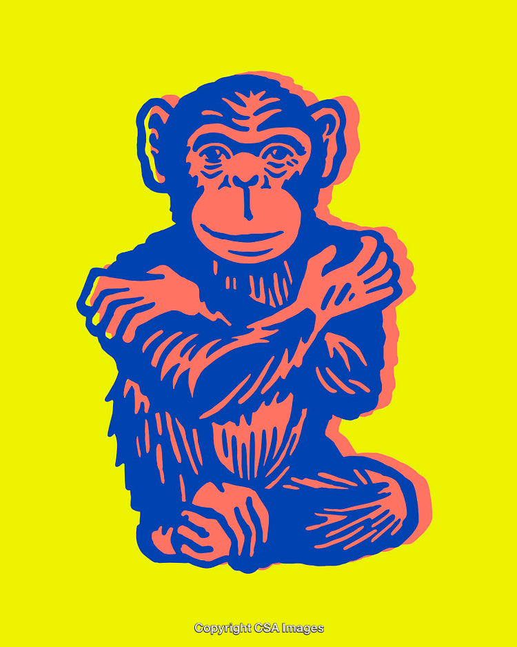 Colorful Line Art Illustration of a Monkey on a Vibrant Yellow Background