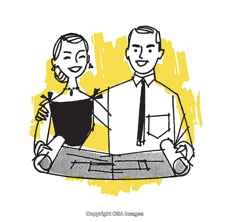 Illustration of a Smiling Team Holding Plans and Working Together