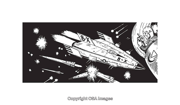 Retro Sci-Fi Spaceship Illustrated in Black and White Line Art Style