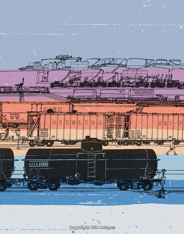 Abstract Graphic Illustration of Train Cars and Industrial Structures