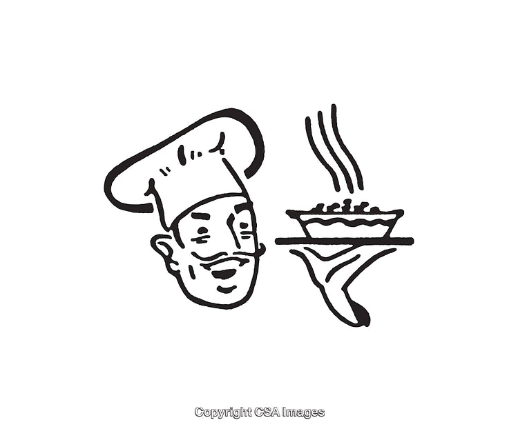 Illustration of a Chef Serving a Hot Pie with a Steam Trail