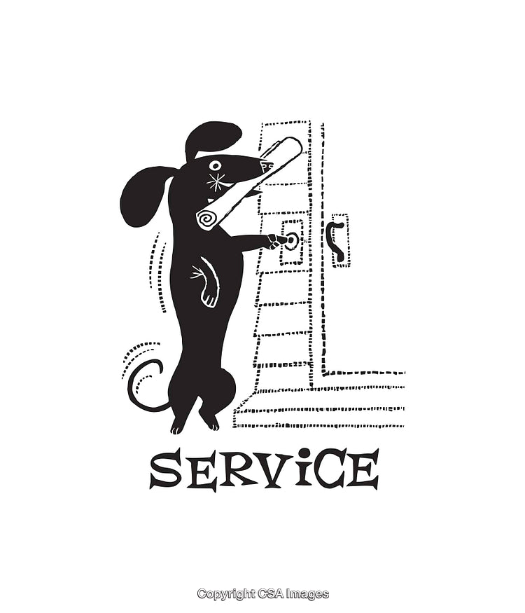 Whimsical Illustration of a Dog Providing Service in Black and White