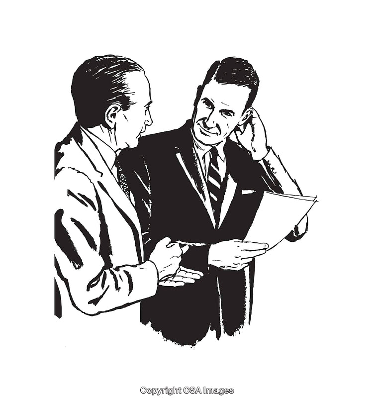 Black and White Line Art of Two Men Discussing Documents