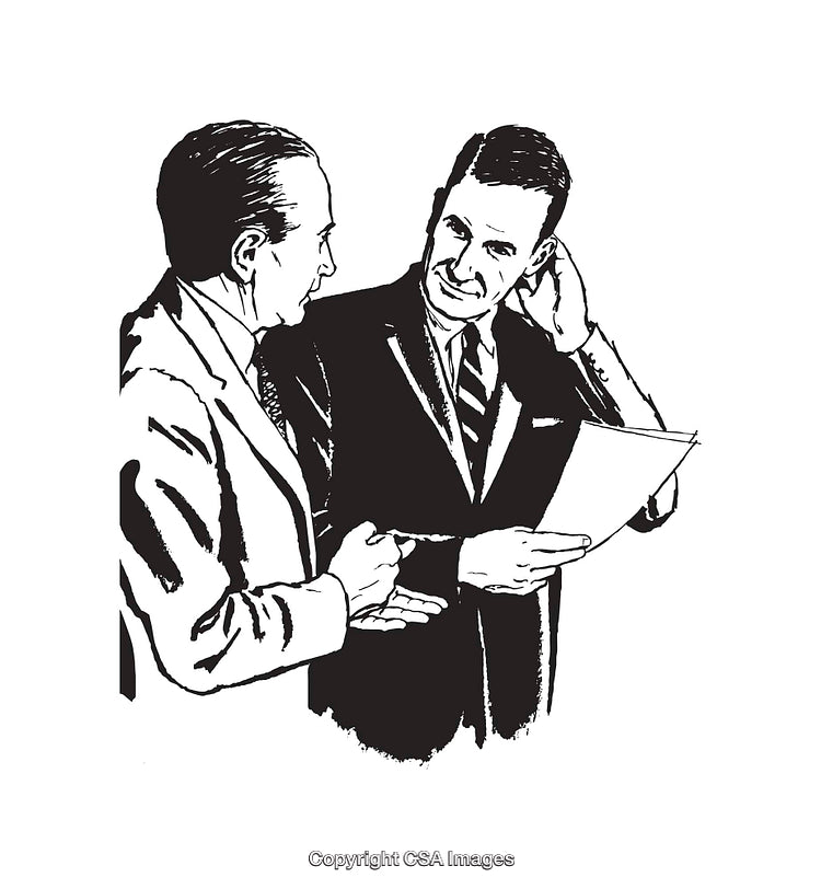 Black and White Line Art of Two Men Discussing Documents