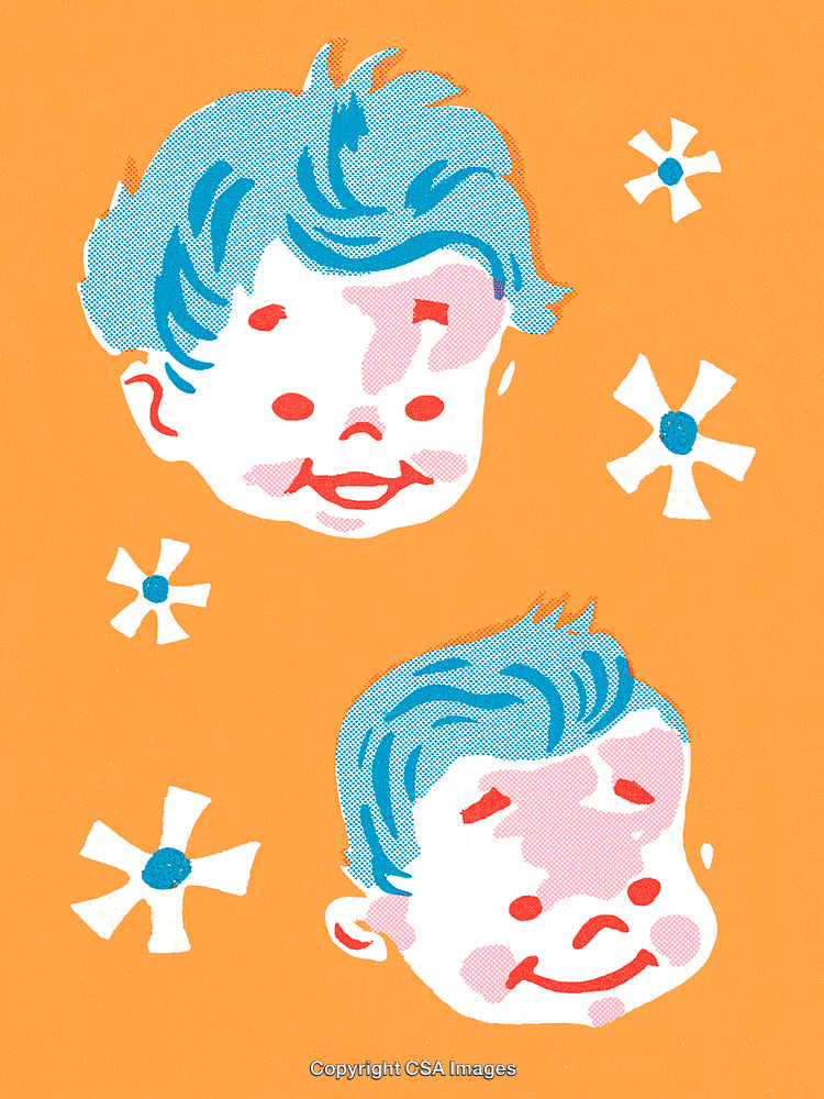 Colorful Illustration of Smiling Kids With Decorative Flowers in Retro Style