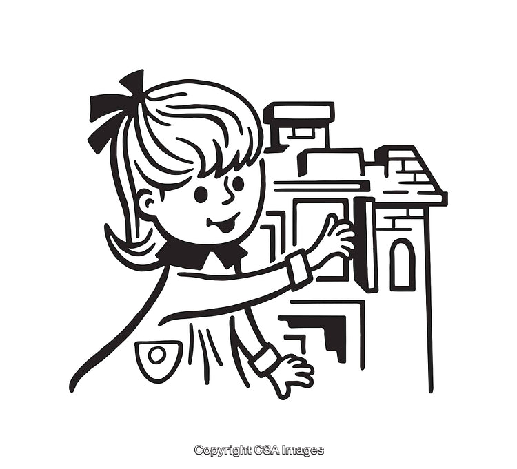 Black and White Illustration of a Girl with a Model Building